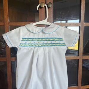 White Baby Romper with Blue and Green Smocking